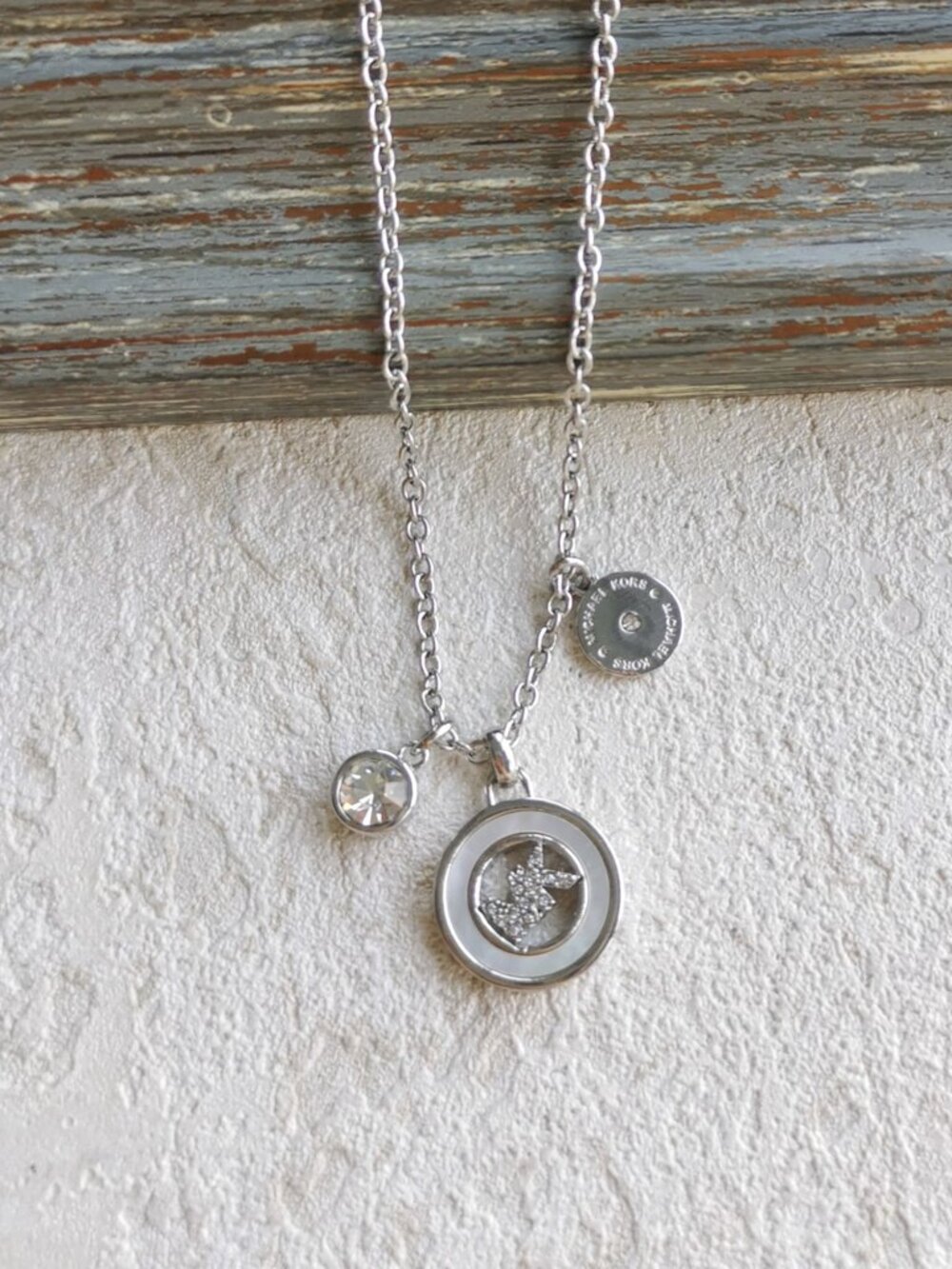 Michael Kors ❤️ Crystal Logo Triple Charm Silver Necklace